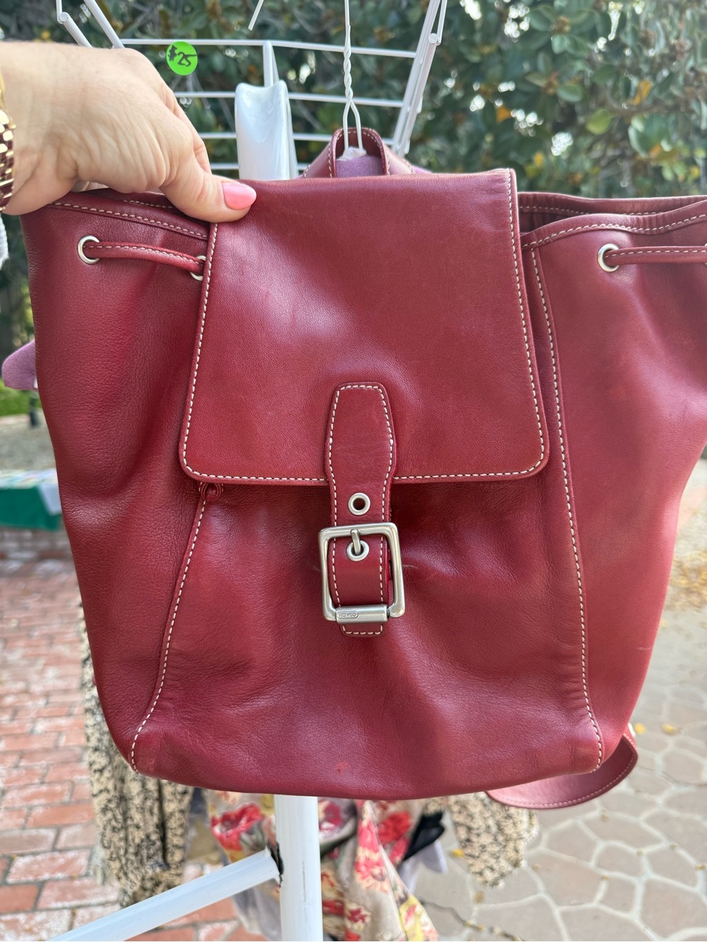 Coach Burgundy Leather Buckle Drawstring Backpack w/snap closure
